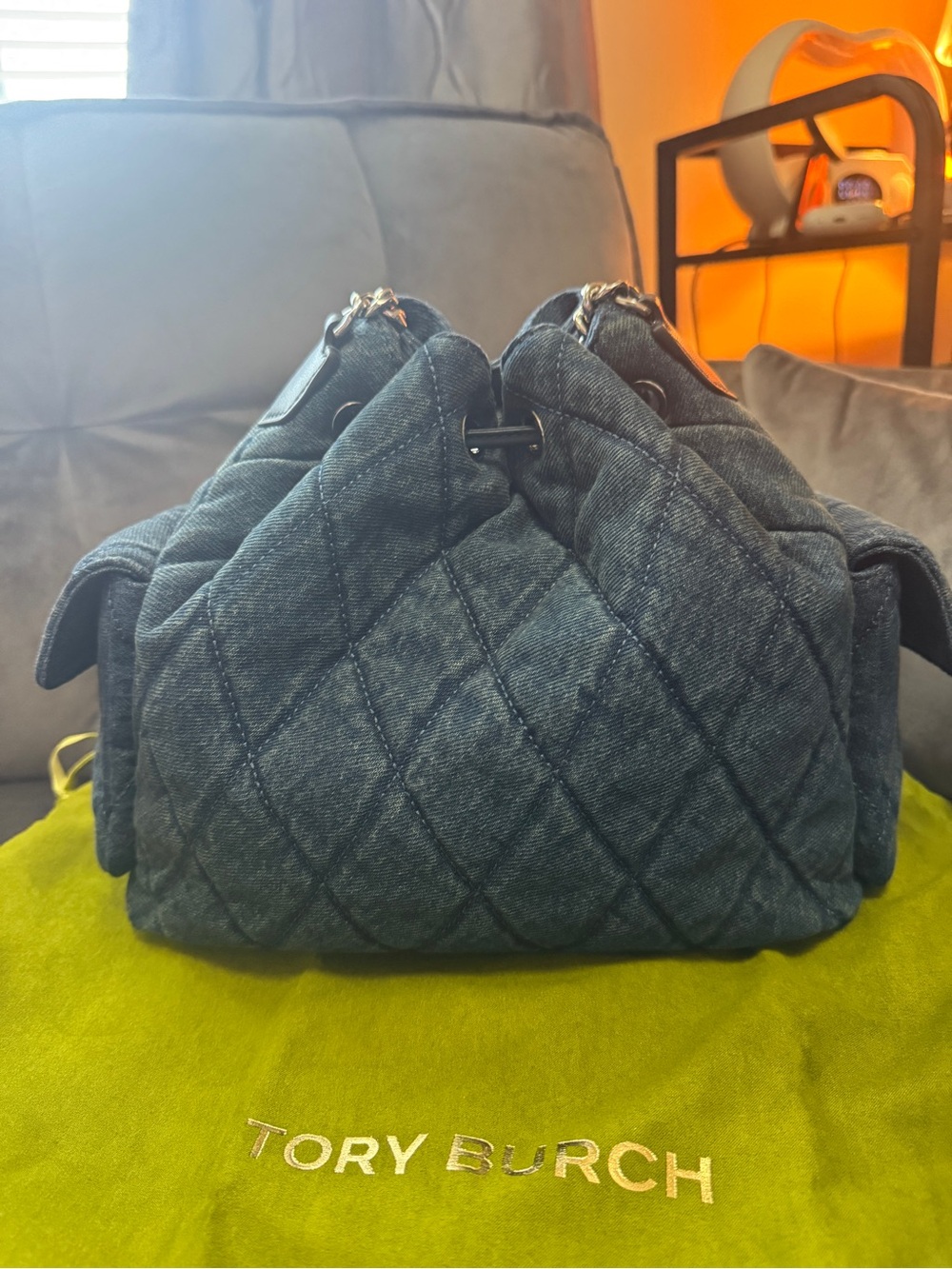 Tory Burch Quilted Charlie Denim Drawstring Bucket Bag - Picture 3 of 8